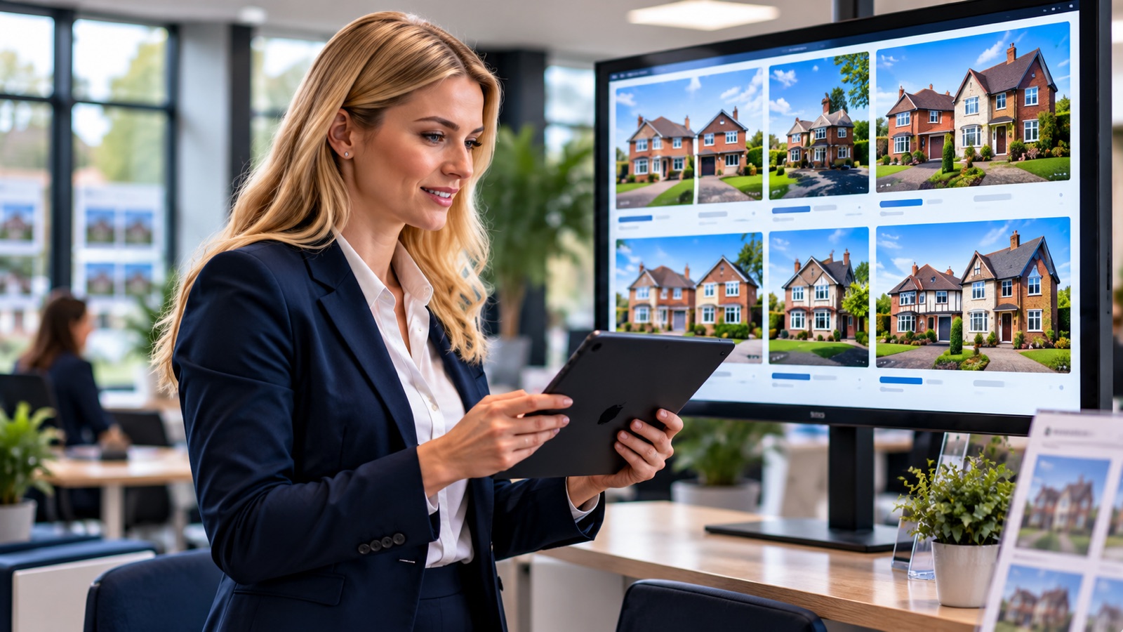 Estate agent using a tablet beside a screen of property photographs.