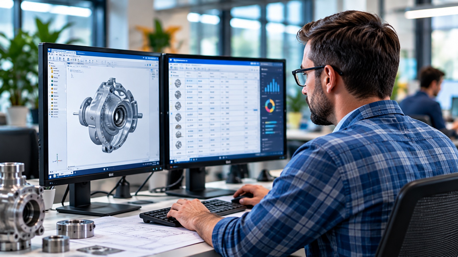 Engineer reviewing a component model and quotation spreadsheet on two monitors.