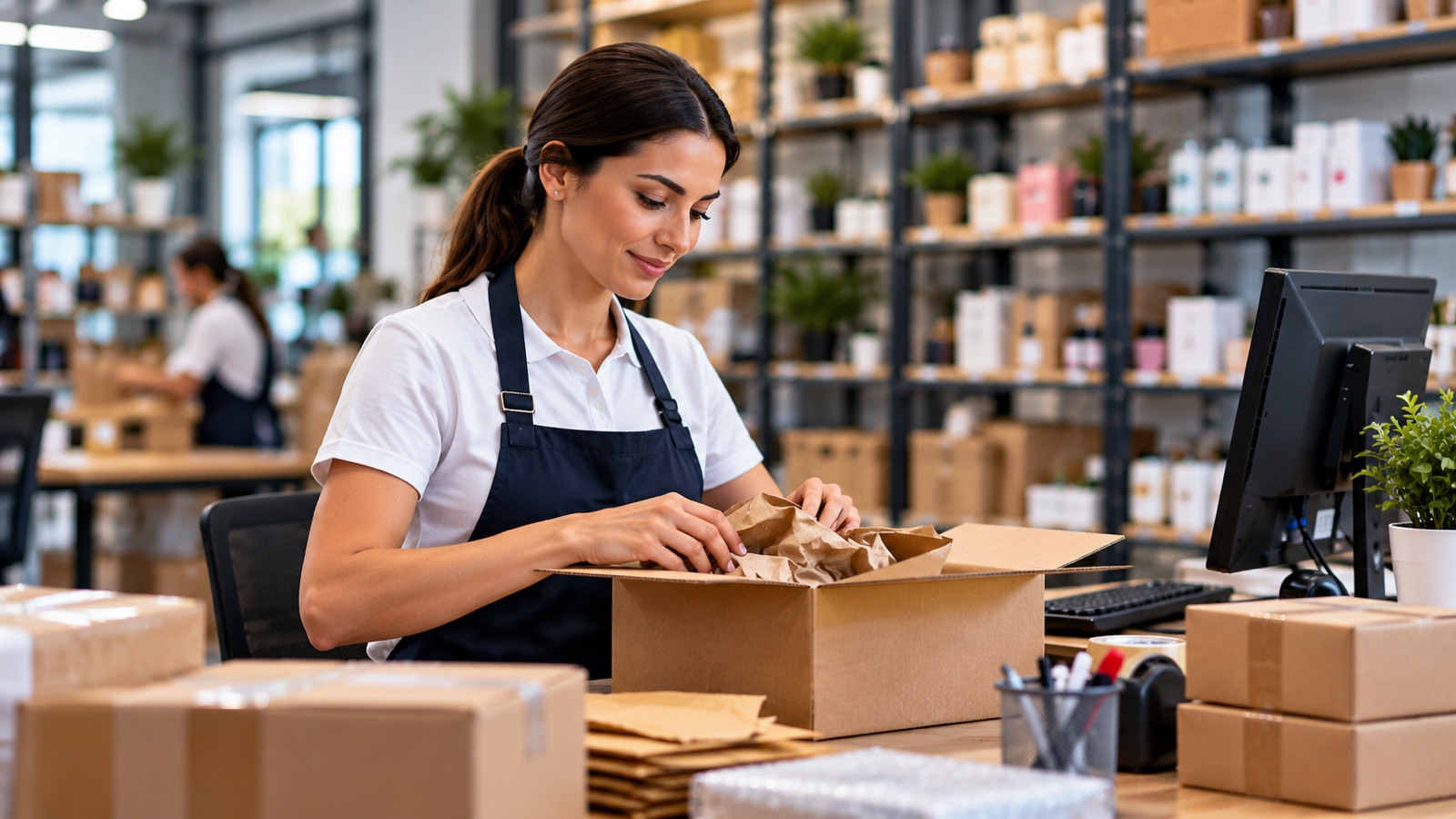Retail worker packing a customer order beside a computer.